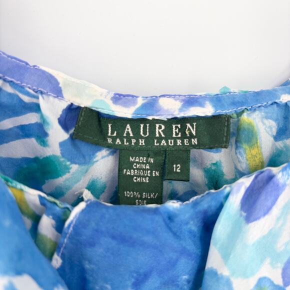 Ralph Lauren Blue Green Floral 100% Silk Ruffle Collar Top Size 12 - Picture 6 of 6